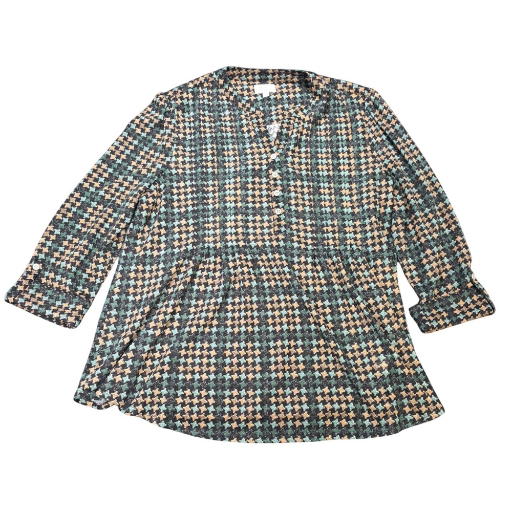Kim Rogers Metallic Houndstooth‎ Tunic Top Women's Size XL Green Gold Black